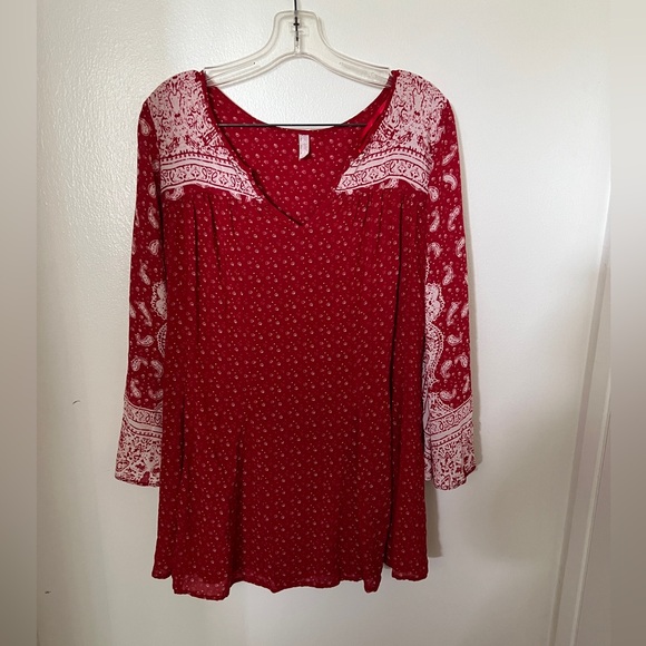 FREE PEOPLE Red Paisley Bell Sleeve Mixed Print Tunic Dress Size S Boho Festival - Picture 2 of 6